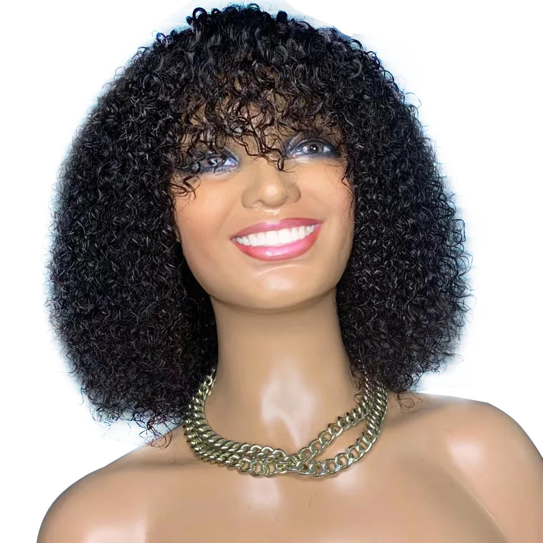 Jerry Curly Bob Cut 100% Human Hair Wigs with Bangs Adjustable Non