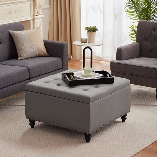 Grey Tufted Ottoman with Storage and Tray