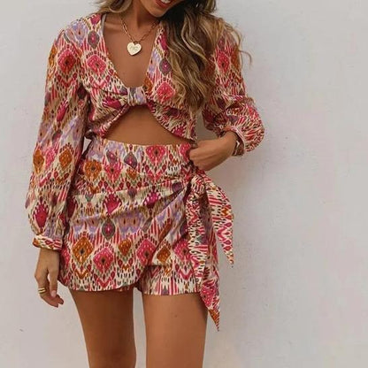 Woman Sexy V Neck Print Cropped Suits High Waisted Skirt Shorts Suit - Walbiz.com