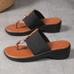 Black Wide Band Clip Toe PU Leather Wedge Slippers