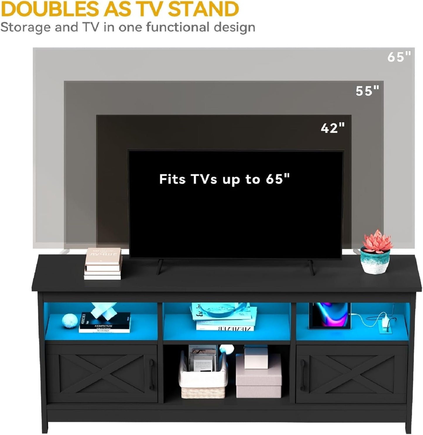 Farmhouse TV Stand for 65 Inch TV, Entertainment Centre with Power