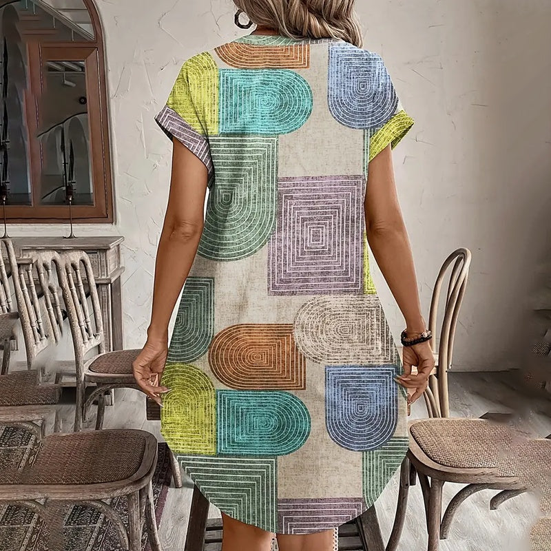 Women Summer Geometric Print V-Neck Button-Up Casual Dress
