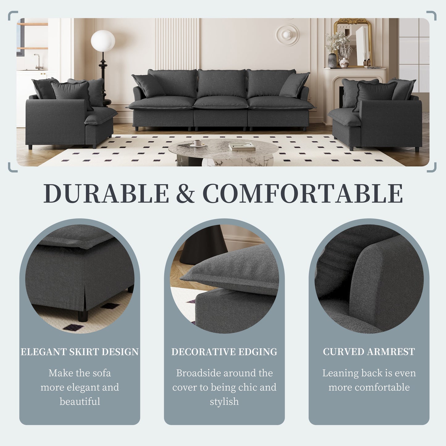 3 Piece Living Room Sofa Set,Modular Chenille Sectional
