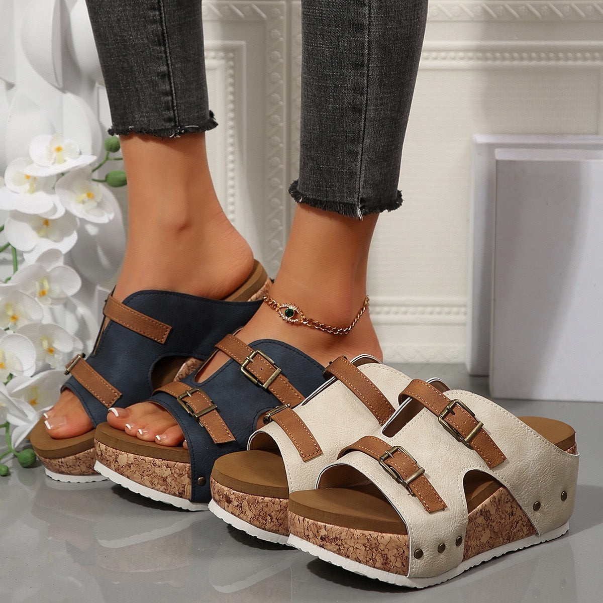 Ins Buckle Wedges Sandals Summer Fish Mouth Thick High Heel Slides