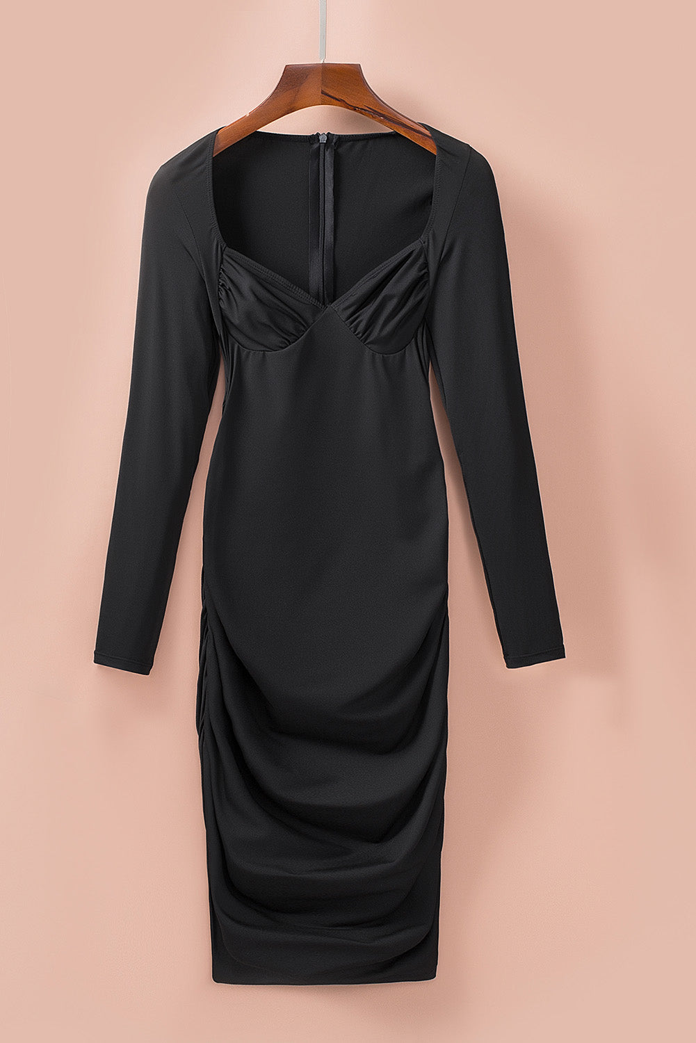 Black Sweetheart Long Sleeve Ruched Bodycon Mini Dress