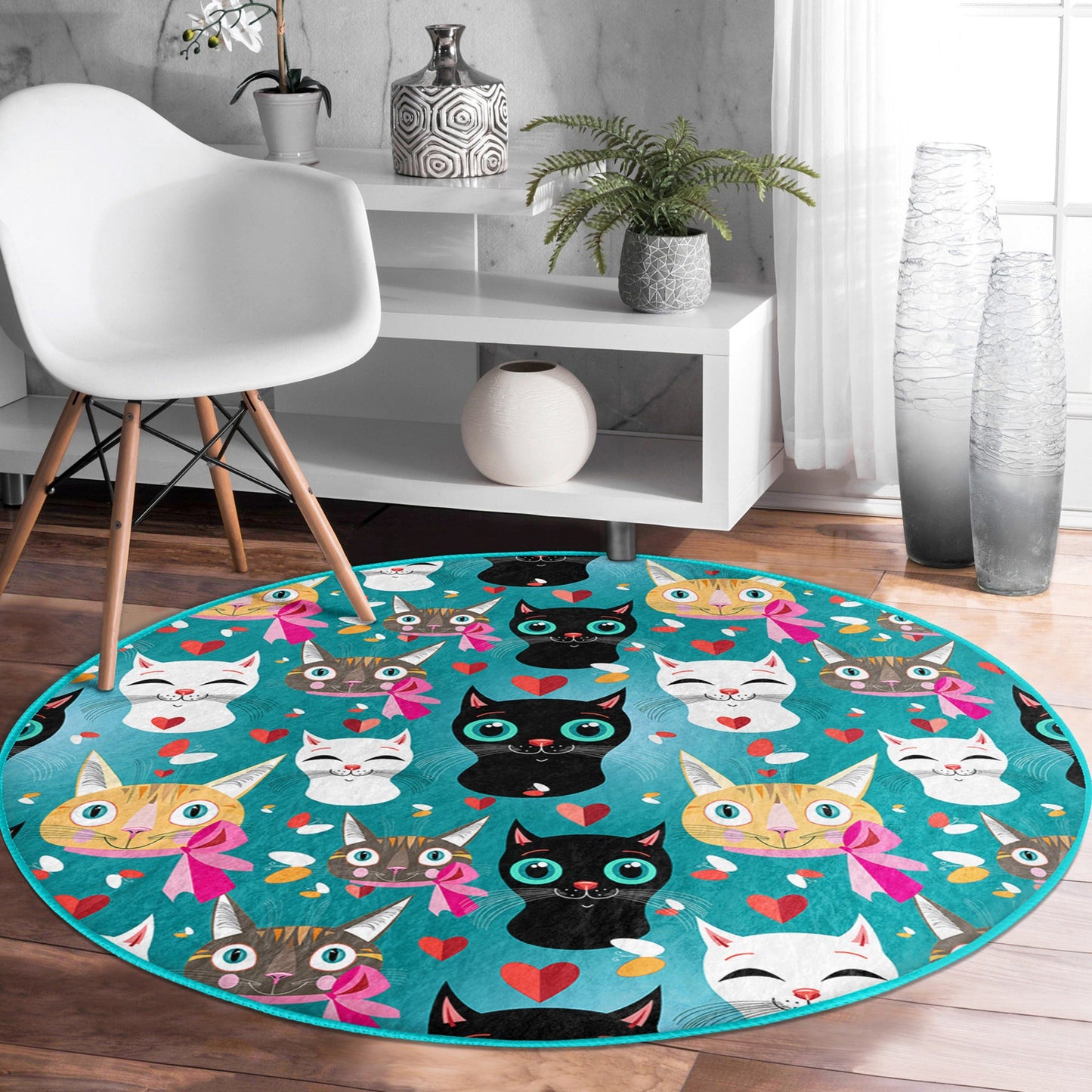 Cat Printed Round Rug, Kids Room Circle Carpet, Non Slip Nursery Room
