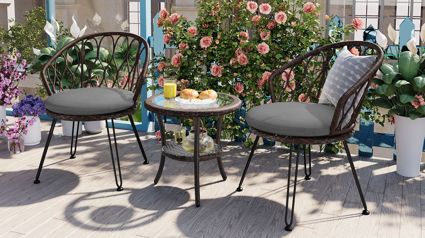Outdoor Leisure Set, 2 Rattan Single Chairs with A Glass Round Table,