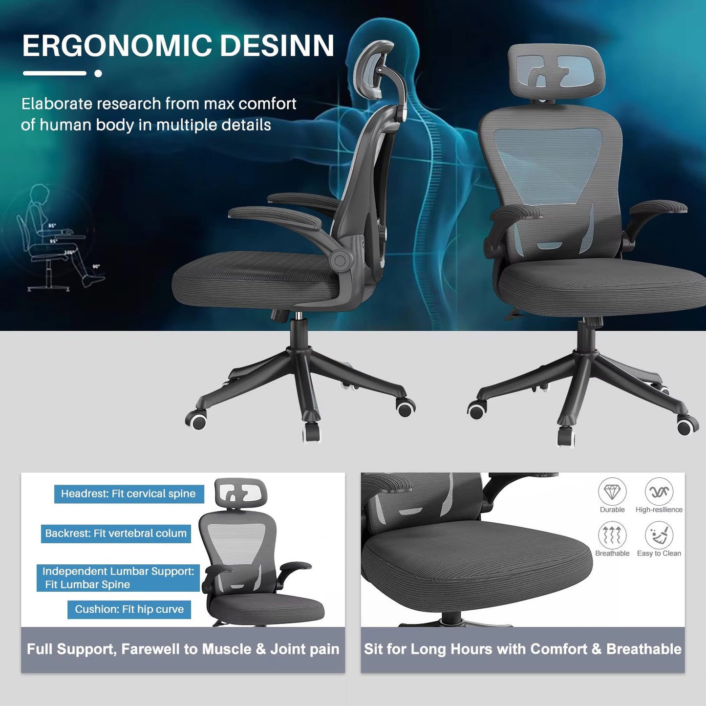 Ergonomic Black Swivel Office Chair High Back Comfortable Mesh Seat