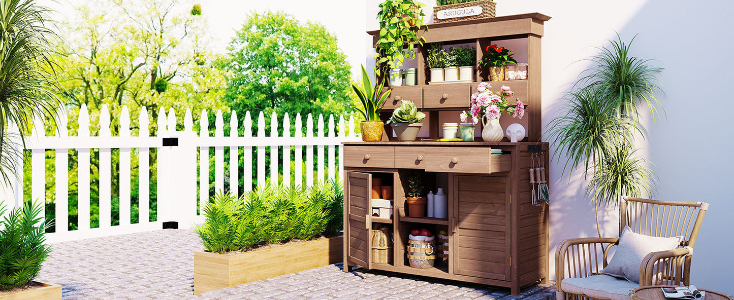 65.7'' H Tall Garden Potting Bench Table with Hutch,Patio Storage