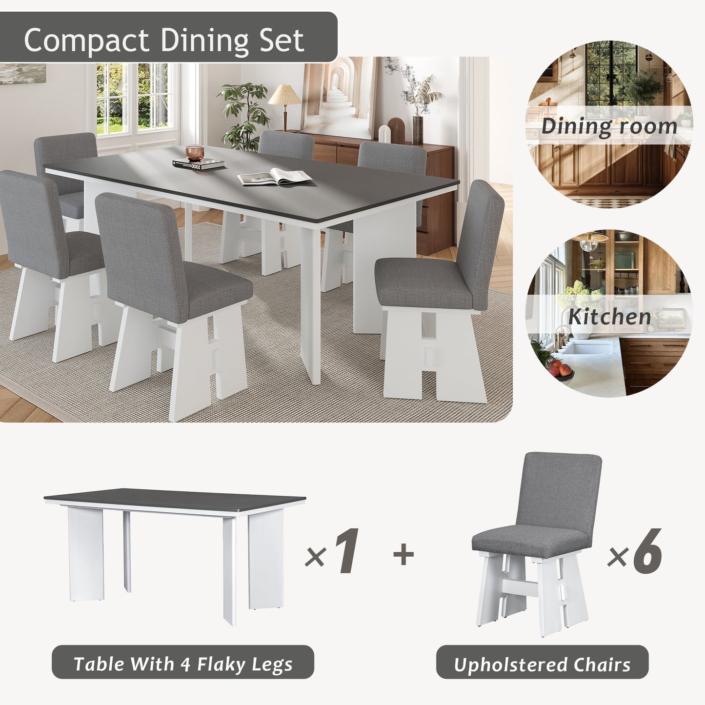 Modern 7-Piece Dining Table Set with 6 Upholstered Dining Chairs, Dark