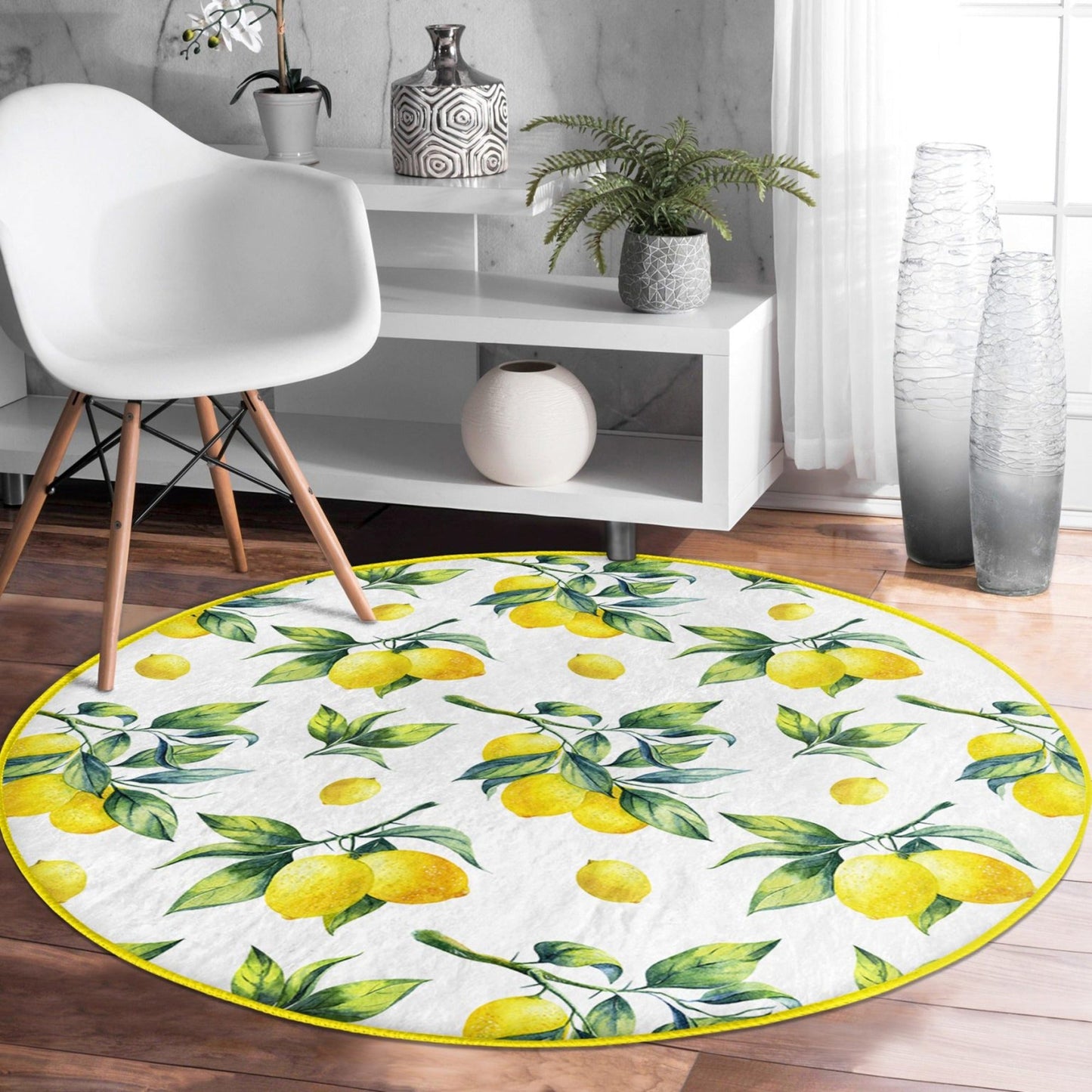 Lemon Patterned Circle Carpet, Country House Style Decorative Round