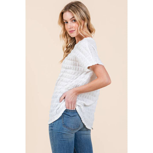 WHITE TEXTURED KNIT TOP SOLID | M