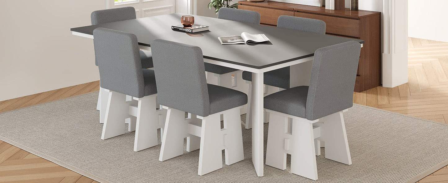Modern 7-Piece Dining Table Set with 6 Upholstered Dining Chairs, Dark