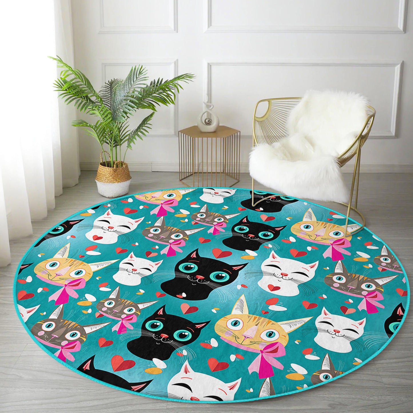 Cat Printed Round Rug, Kids Room Circle Carpet, Non Slip Nursery Room