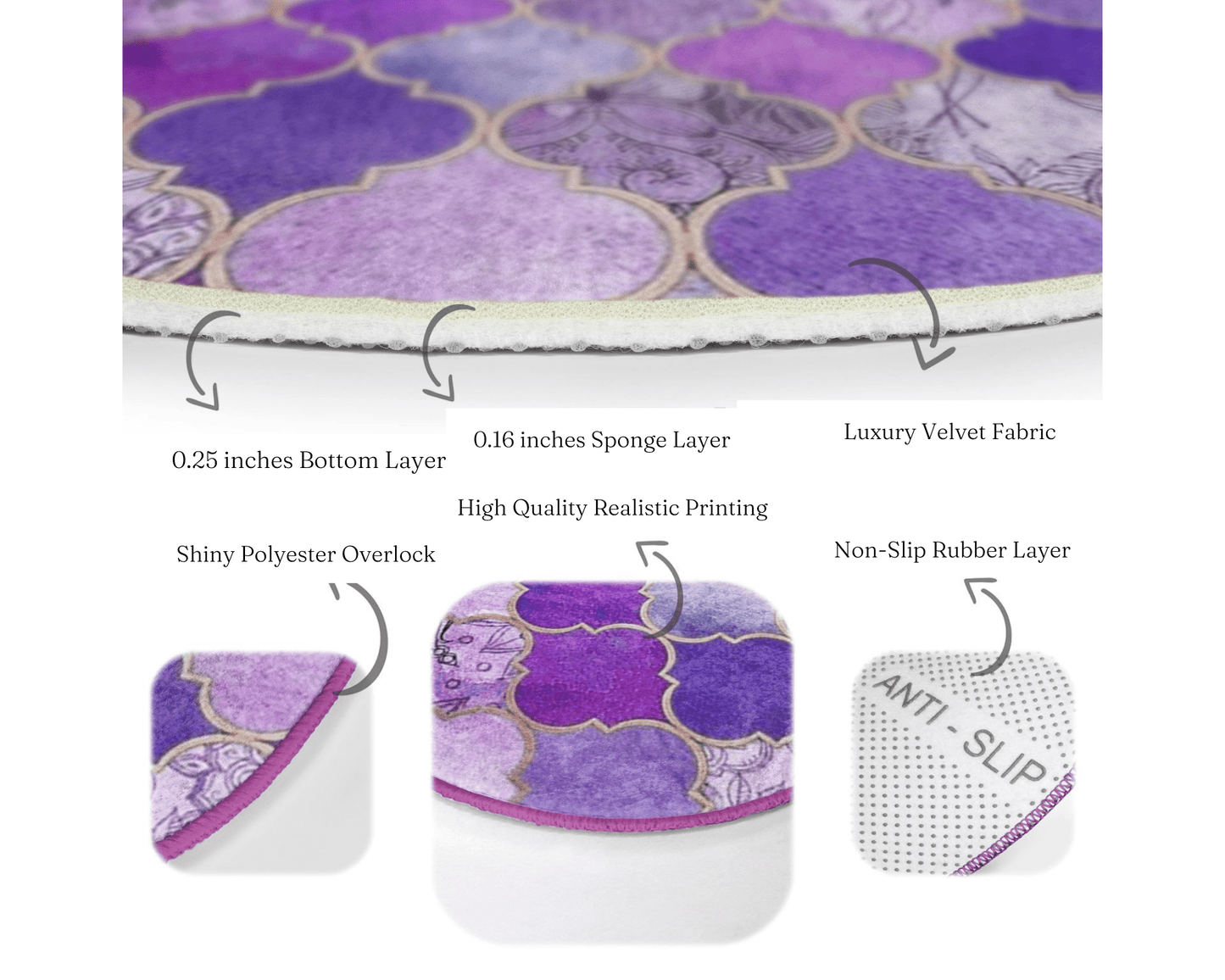 Purple Decorative Round Rug, Purple Living Room Area Carpet, Non Slip