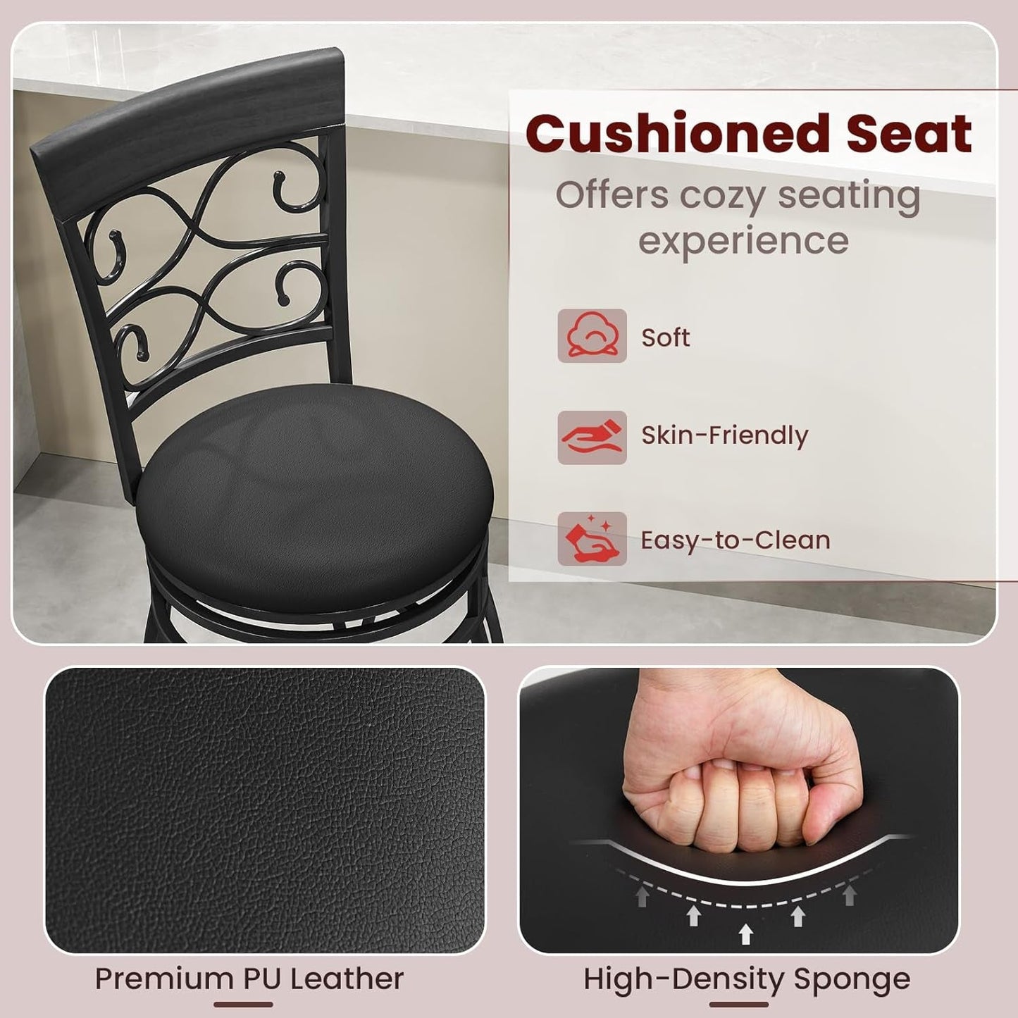 26" Swivel Bar Stools Set of 2, Counter Height Bar Stools with Back,