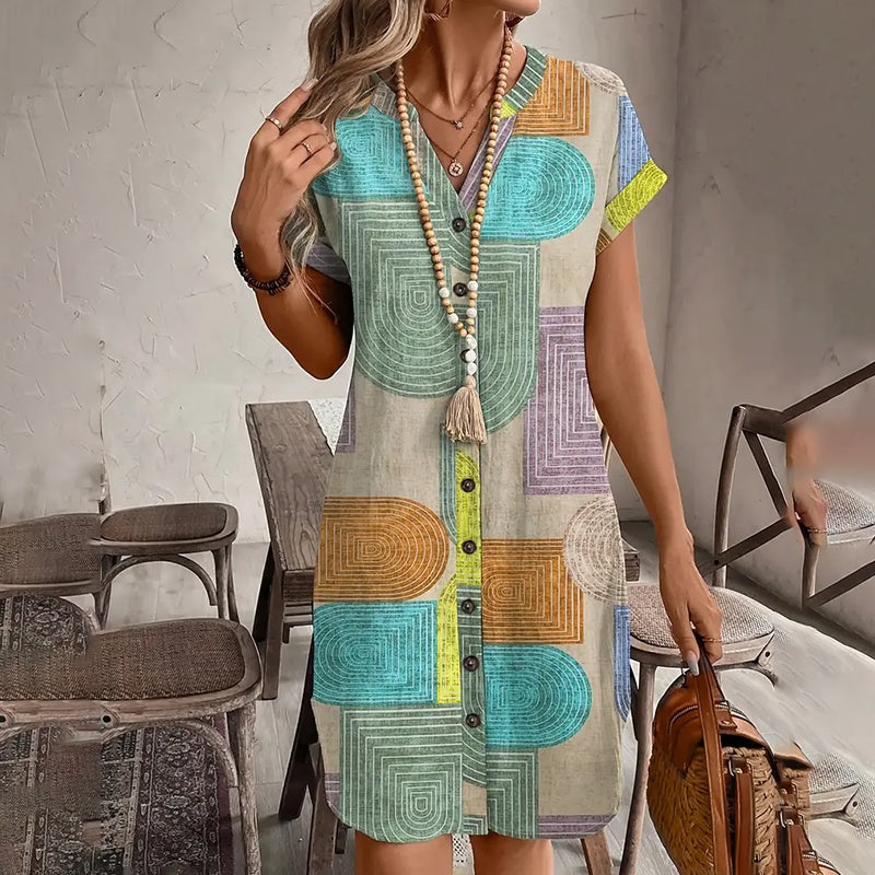 Women Summer Geometric Print V-Neck Button-Up Casual Dress