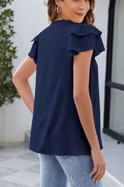 Ruffled Notched Short Sleeve Blouse