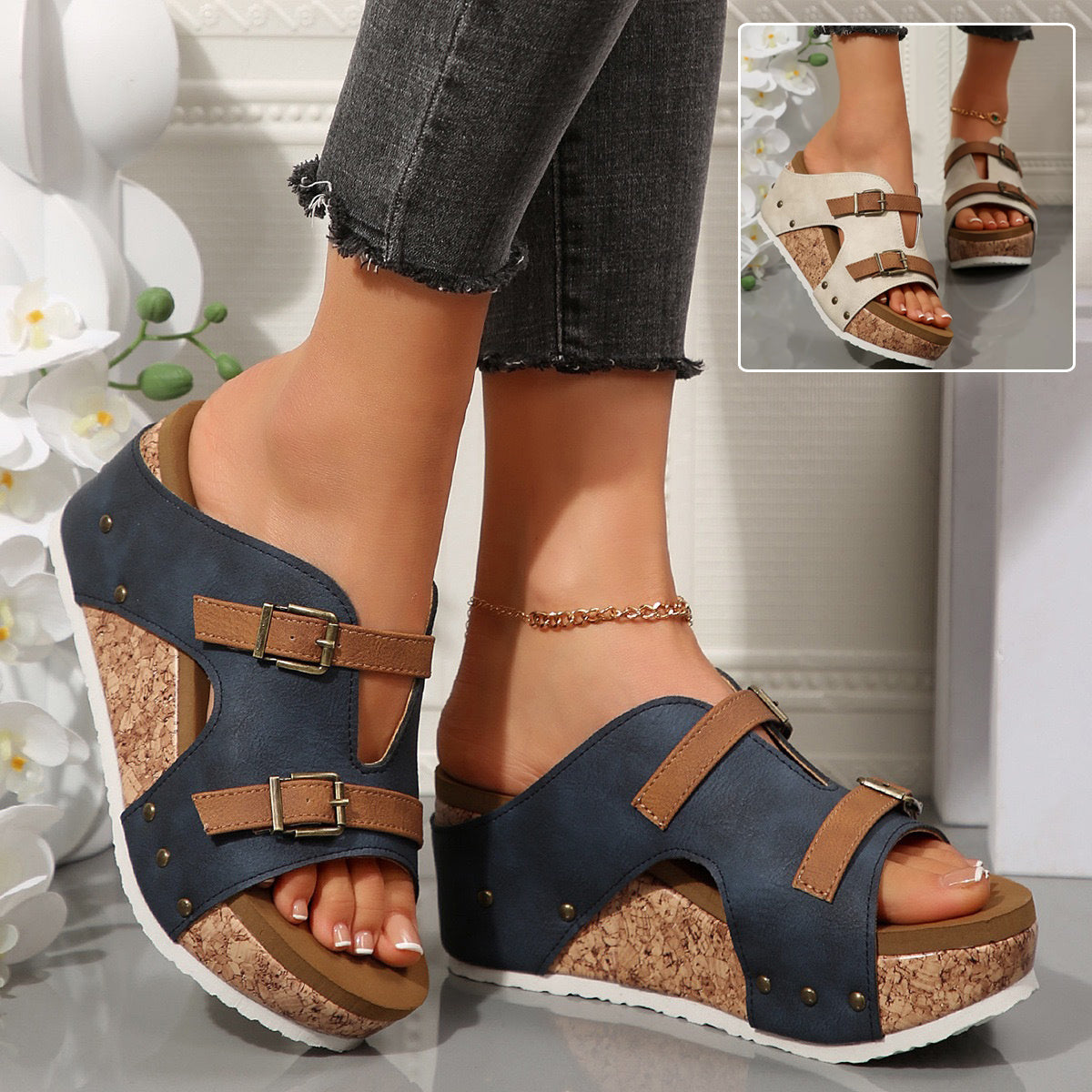 Ins Buckle Wedges Sandals Summer Fish Mouth Thick High Heel Slides