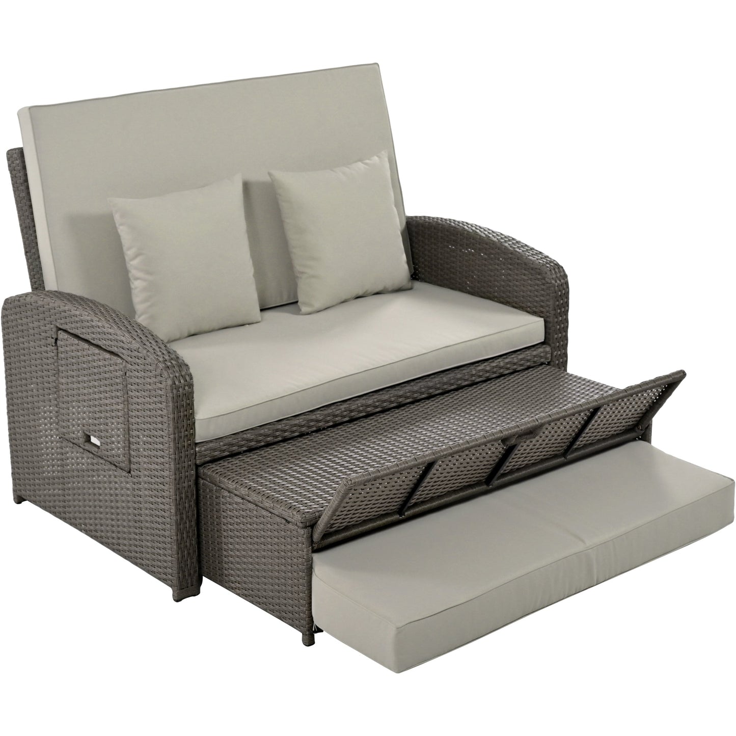 PE Wicker Rattan Double Chaise Lounge, 2-Person Reclining Daybed with
