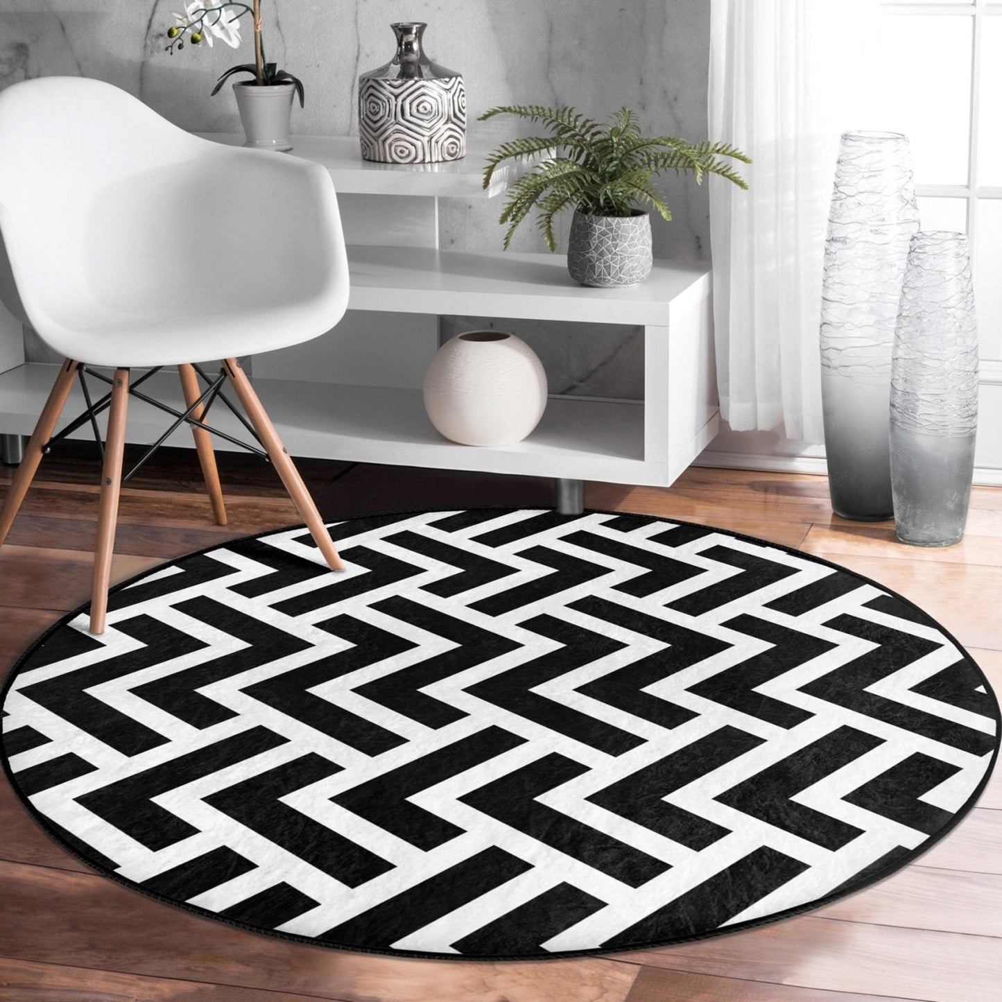 Black-White Decorative Round Rug, Circle Non Slip Area Carpet, Living