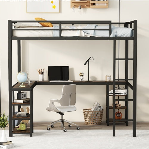 Full Metal Loft Bed With Desk And Shelves, Loft Bed With Ladder And