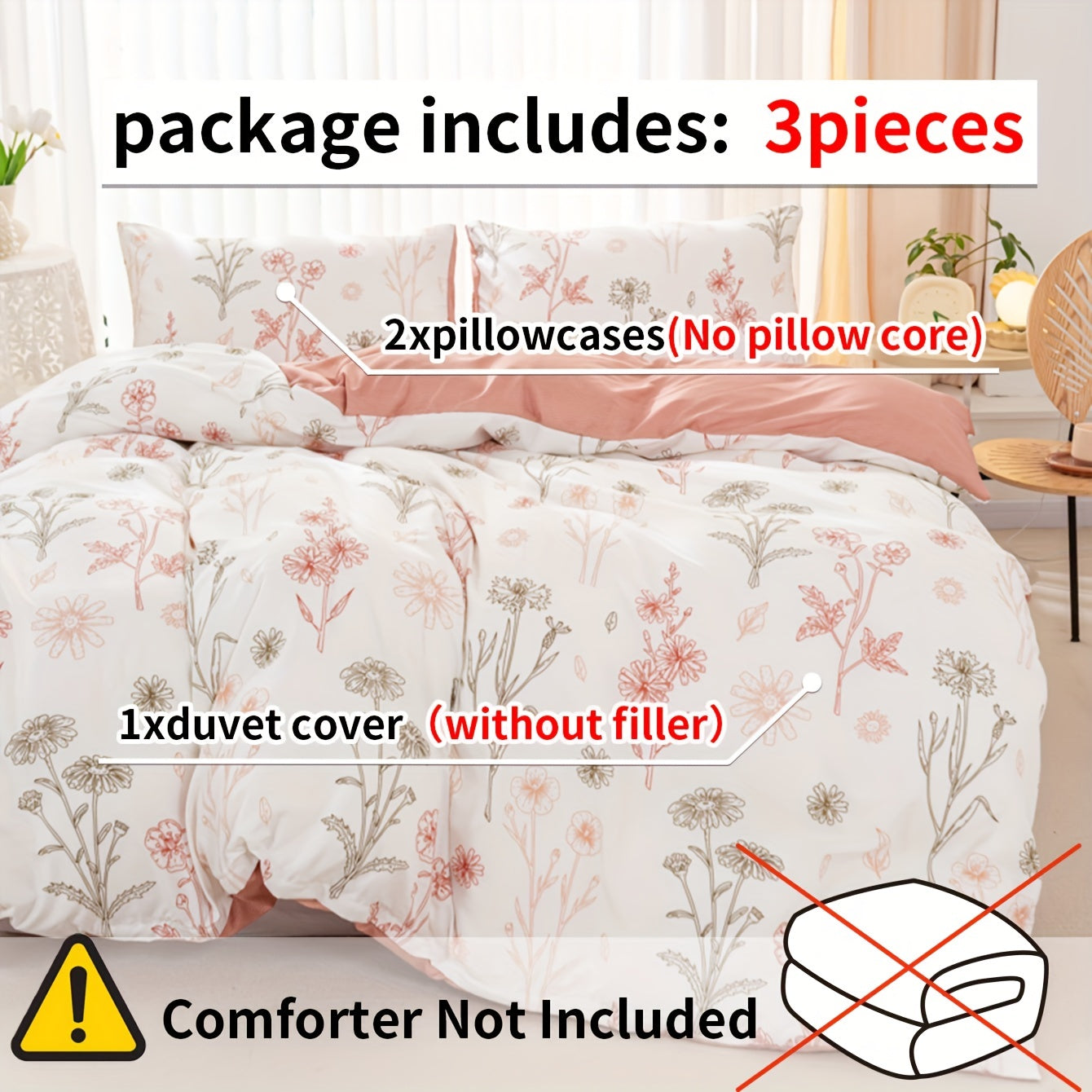3Piece Floral Duvet Cover Set Soft Pastoral Style Bedding