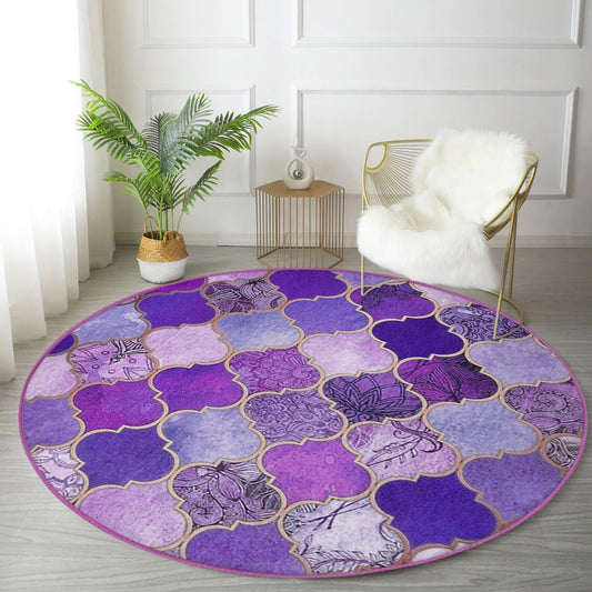Purple Decorative Round Rug, Purple Living Room Area Carpet, Non Slip