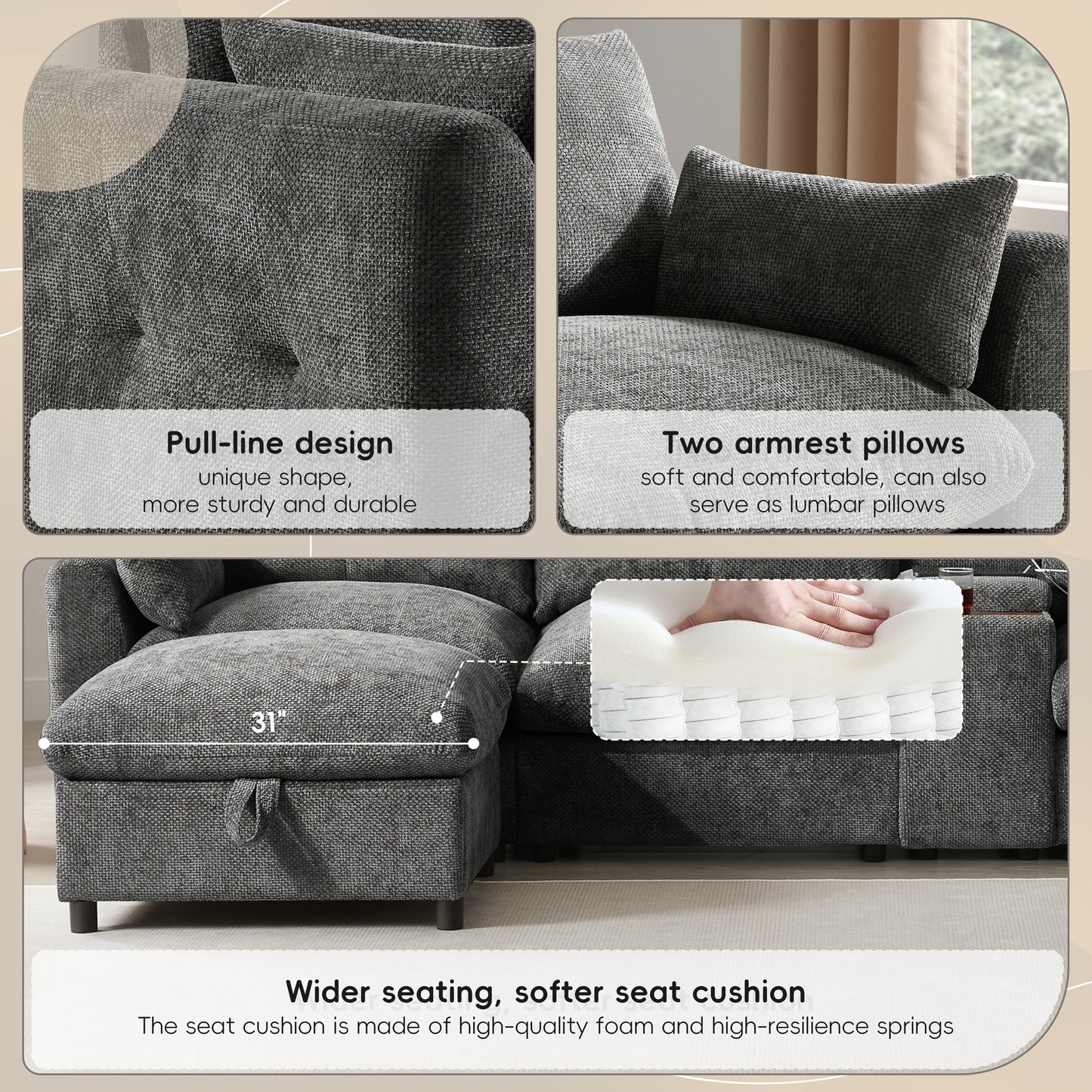 142'' Modular Sectional Sofa with Movable Storage Ottoman and