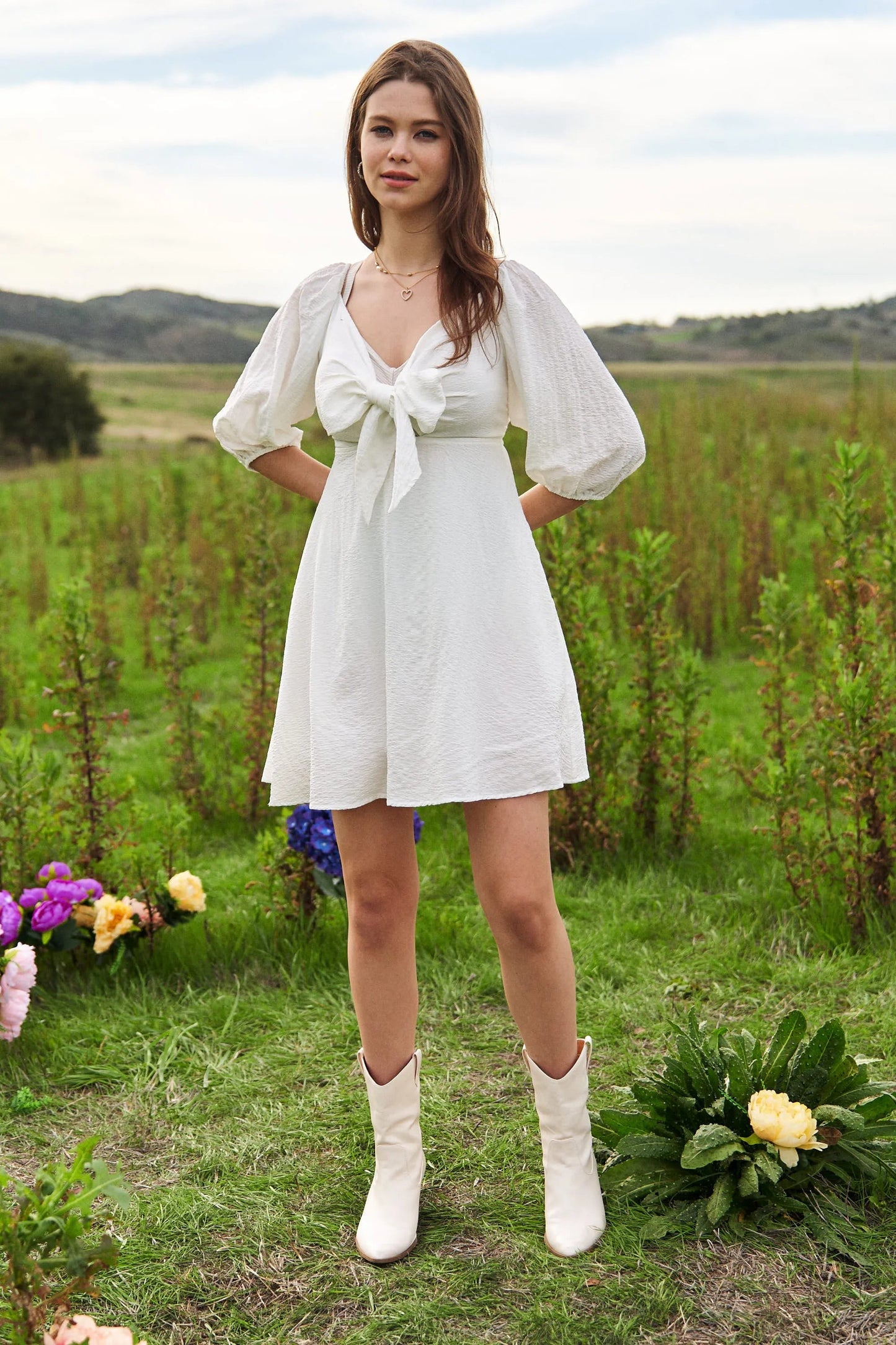 Davi & Dani Self-Tie Puff Sleeve Smocking Open Back Mini Dress