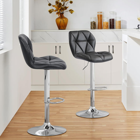 Grey Bar Stools Set of 2, PU Leather Bar Chairs with Backrest, Height