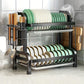 Black Metal Double Tier Dish Rack with Drain Tray and Drip Pan -