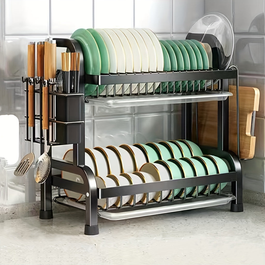 Black Metal Double Tier Dish Rack with Drain Tray and Drip Pan -