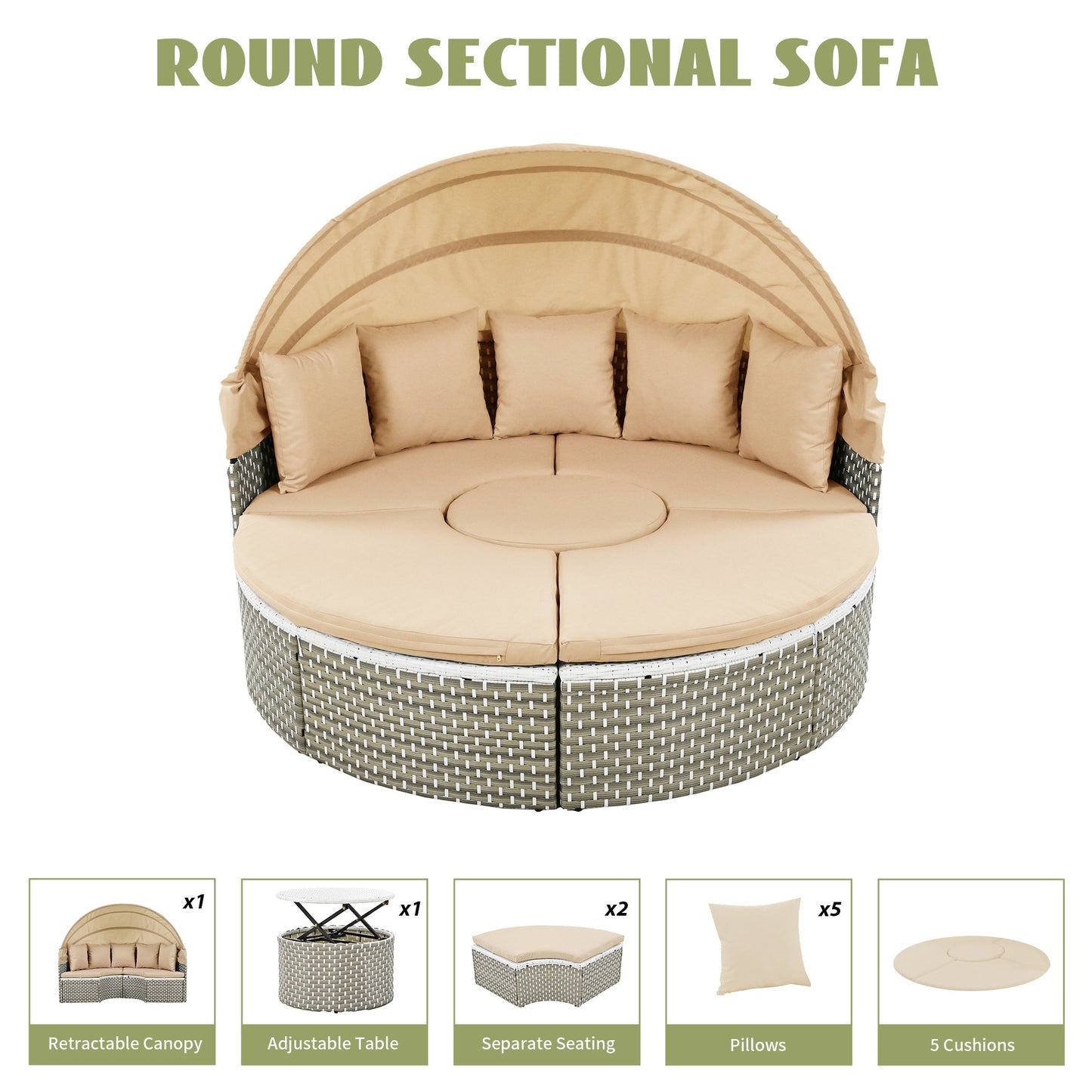Patio Furniture Round Outdoor Sectional Sofa Set Rattan Daybed