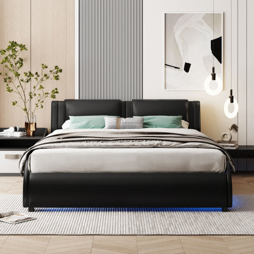Full Size Upholstered Faux Leather Platform Bed With LED Light Bed Fra