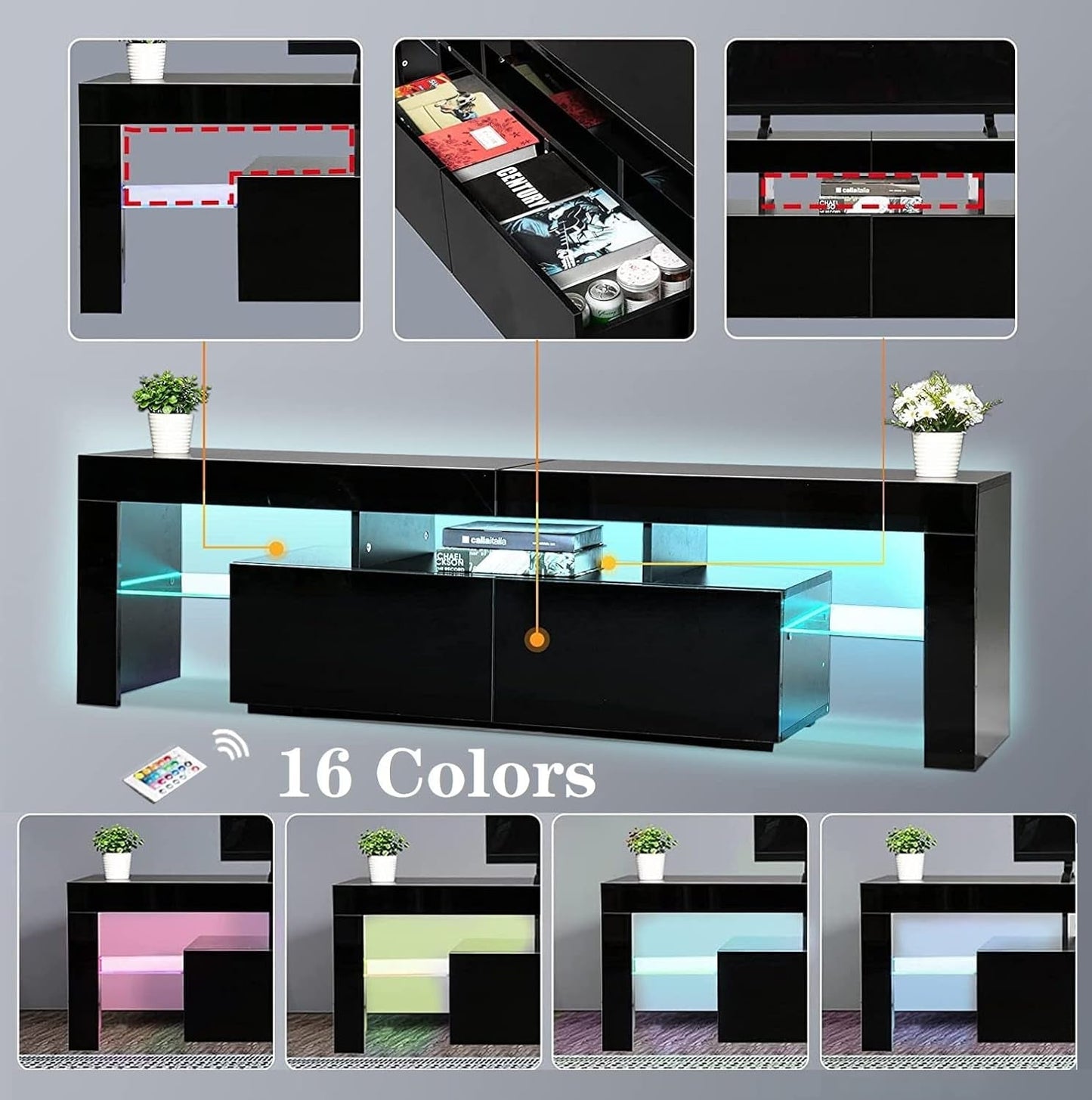 Black TV Stand, 60 65 70 75 Inch Wood TV Stand, High Glossy