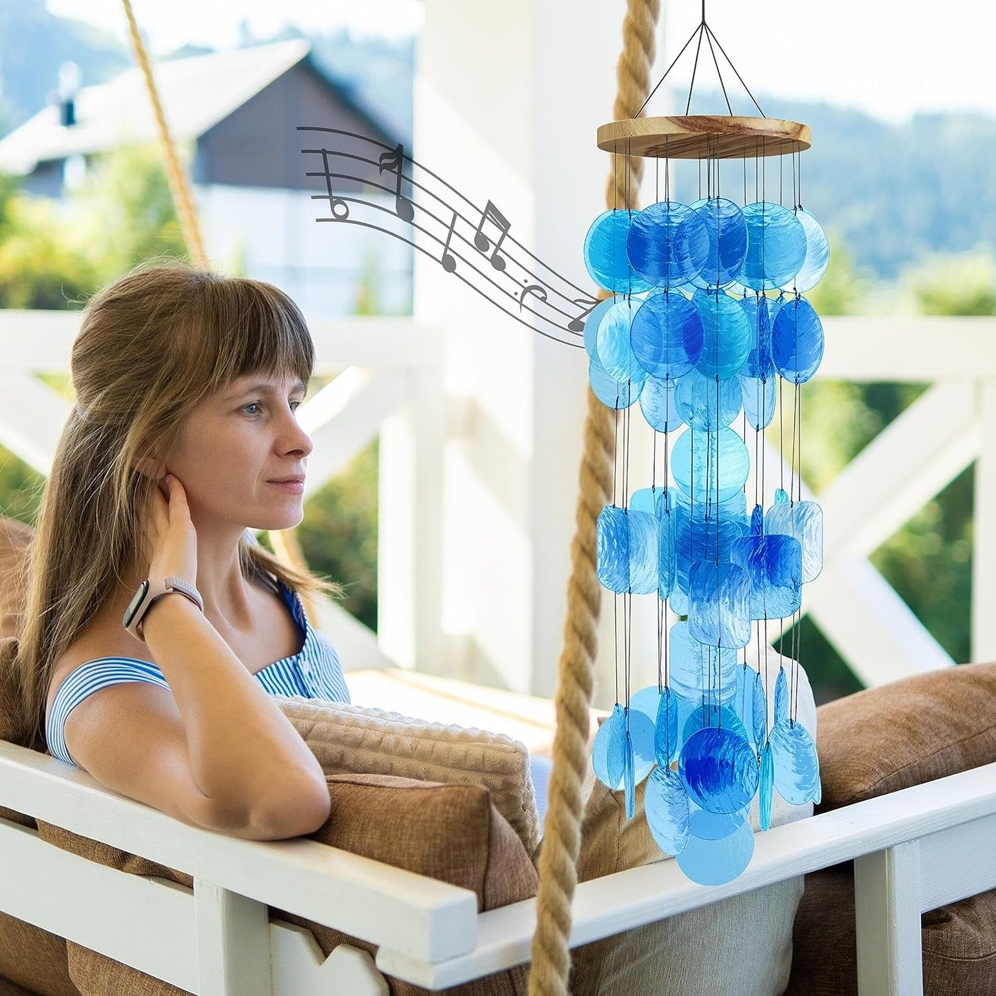 Blue Seashell Glass Wind Chimes 28" Comewith Wall Stand, Garden Decor