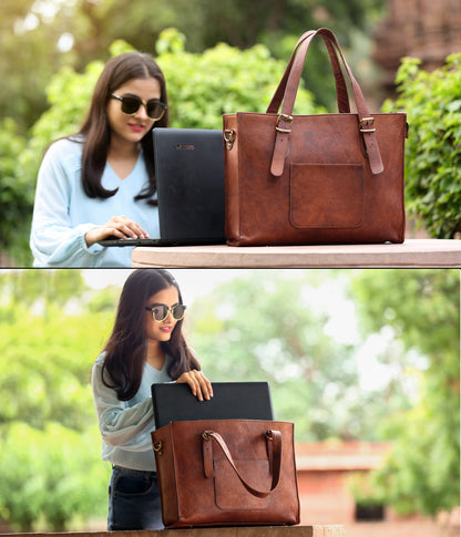 Leather Woman Laptop Handbag Large Tote Bag with Zipper