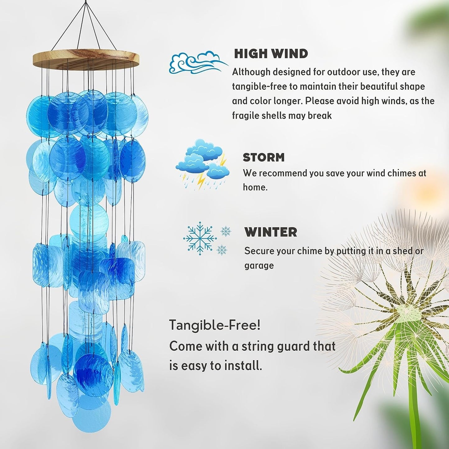Blue Seashell Glass Wind Chimes 28" Comewith Wall Stand, Garden Decor