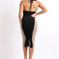 Sexy Cut Out Rhinestone Fishnet Contrast Clubwear Party Dress BLACK