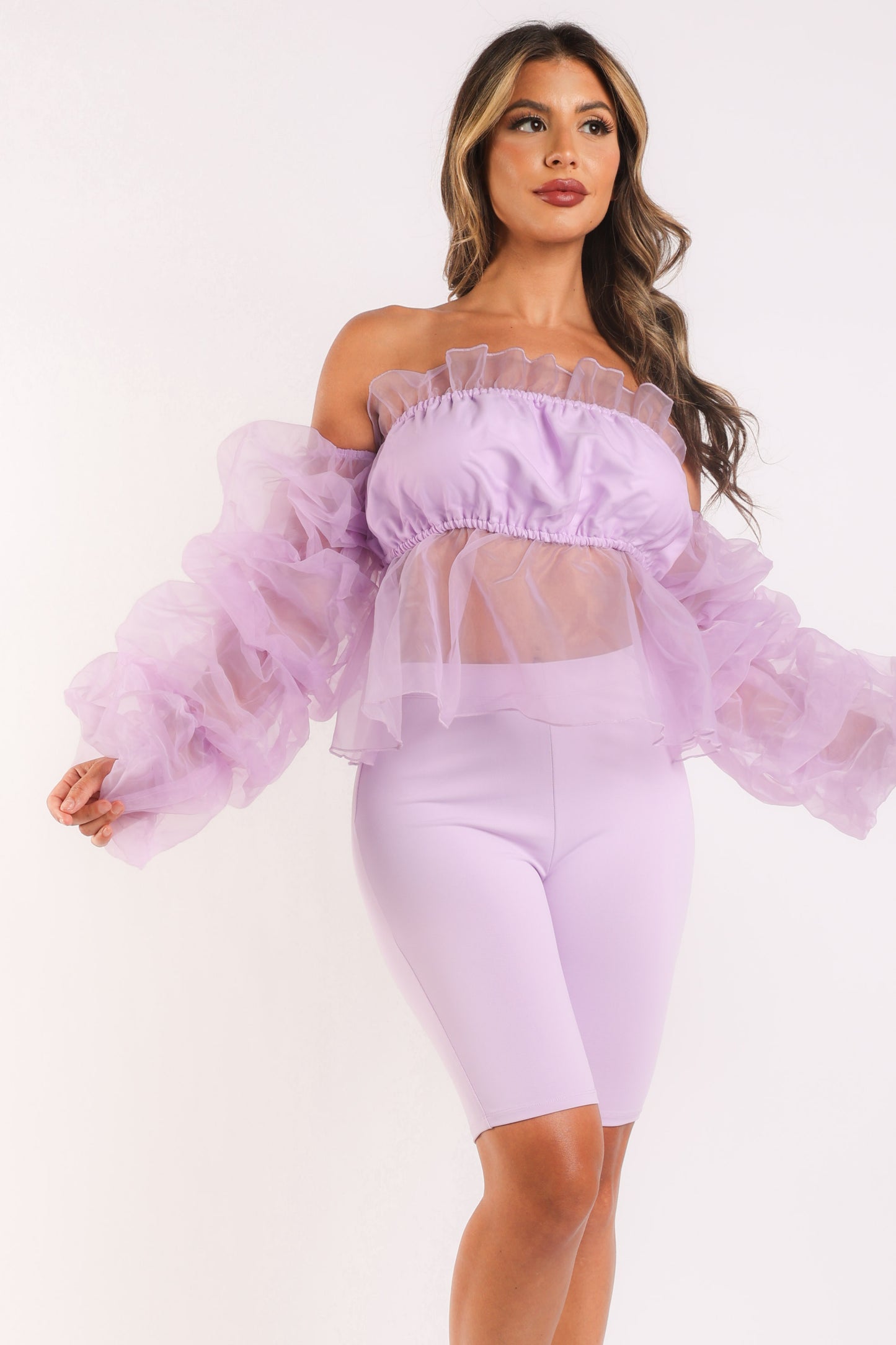 Sexy Organza Sleeve Detailed Top & Matching Shorts 2 Piece Set lavndr