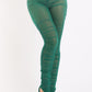 Casual Ruched Mesh Elastic Waist Sexy Leggings Slit Hem KELLY GREEN