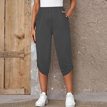 Solid Color Button Elastic Waist Trousers