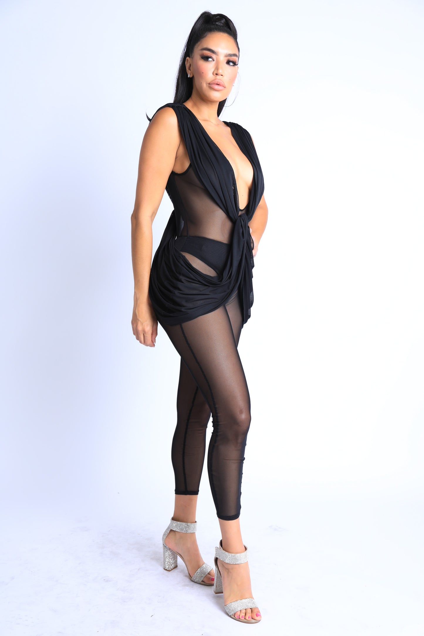 Sexy Sleeveless Lightweight Draped Mesh Jumpsuit Party Clubwear BLACK