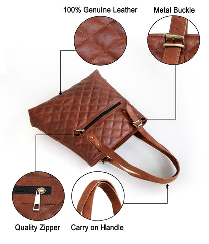 Genuine Goat Leather Vintage Brown Large Tote Shoulder Bag with Zipper