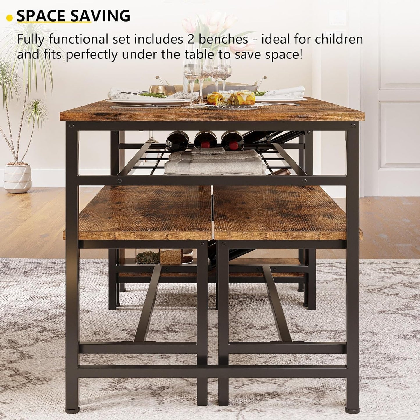 3-Piece Dining Table Set for 4, 47Inch Kitchen Table with 2 Benches,