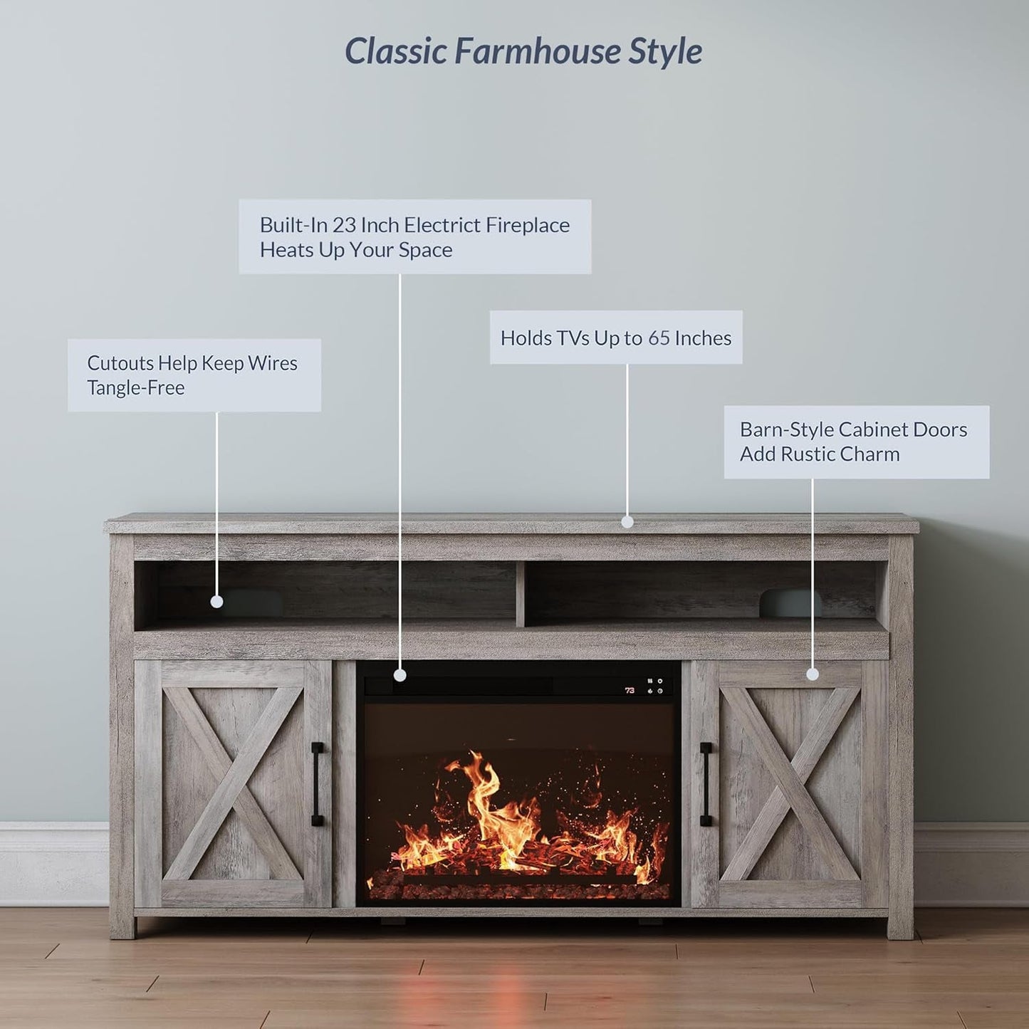 Barn Door Wood Electric Fireplace TV Stand for Tvs up to 65 Inches