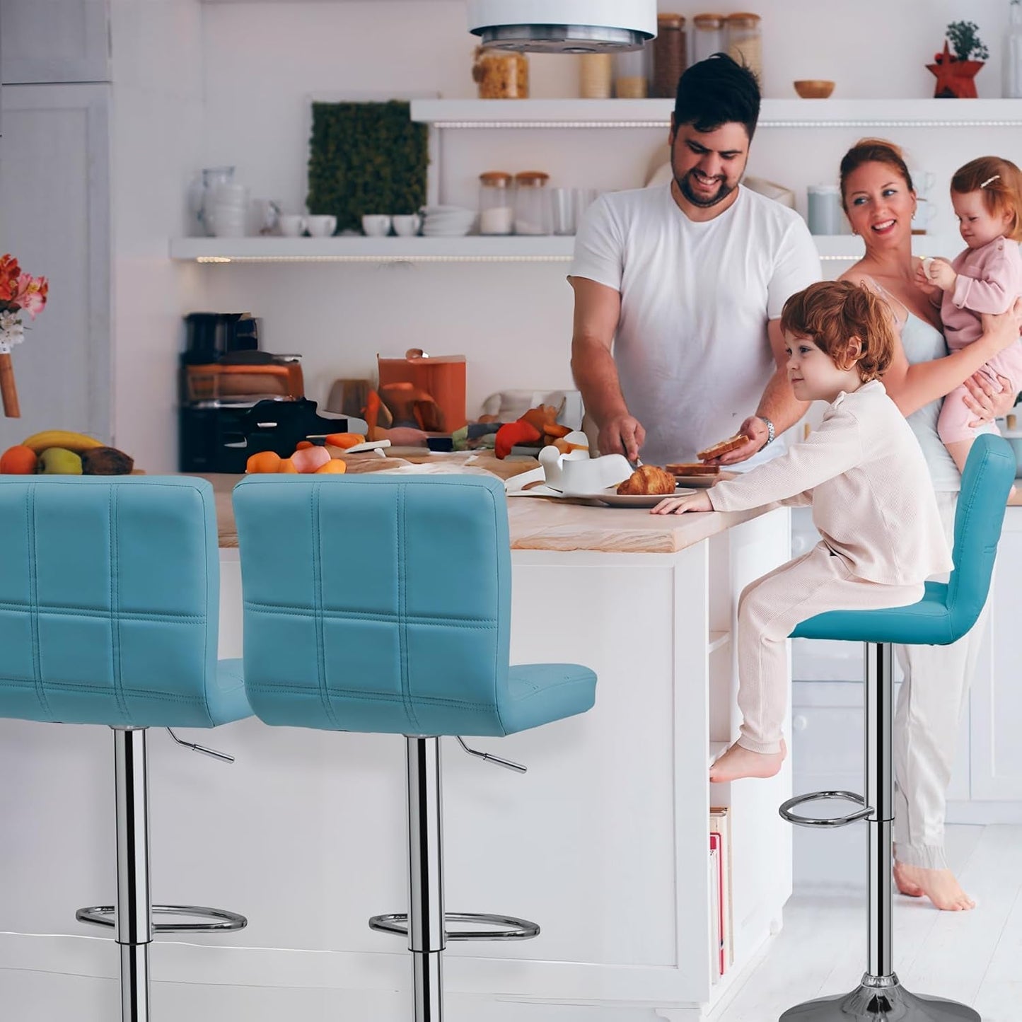 Set of 4 Adjustable Swivel Barstools, Modern PU Leather Kitchen