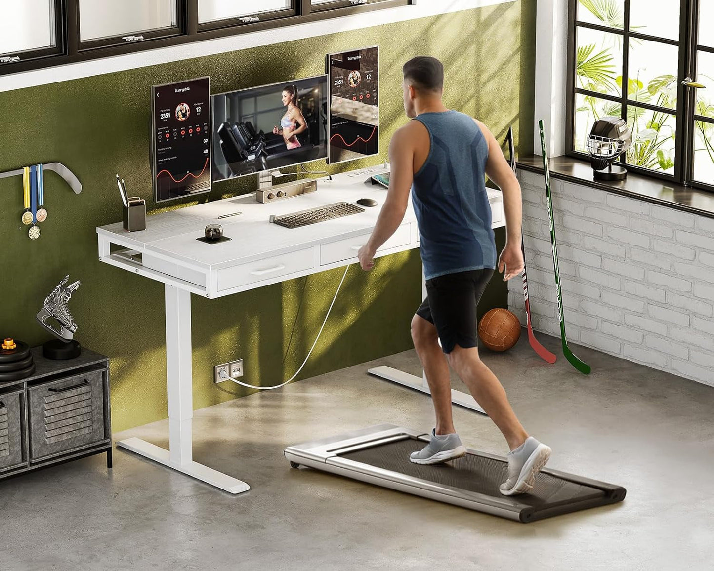 Electric Standing Desk with Drawers, 55 Inch Height Adjustable Desk