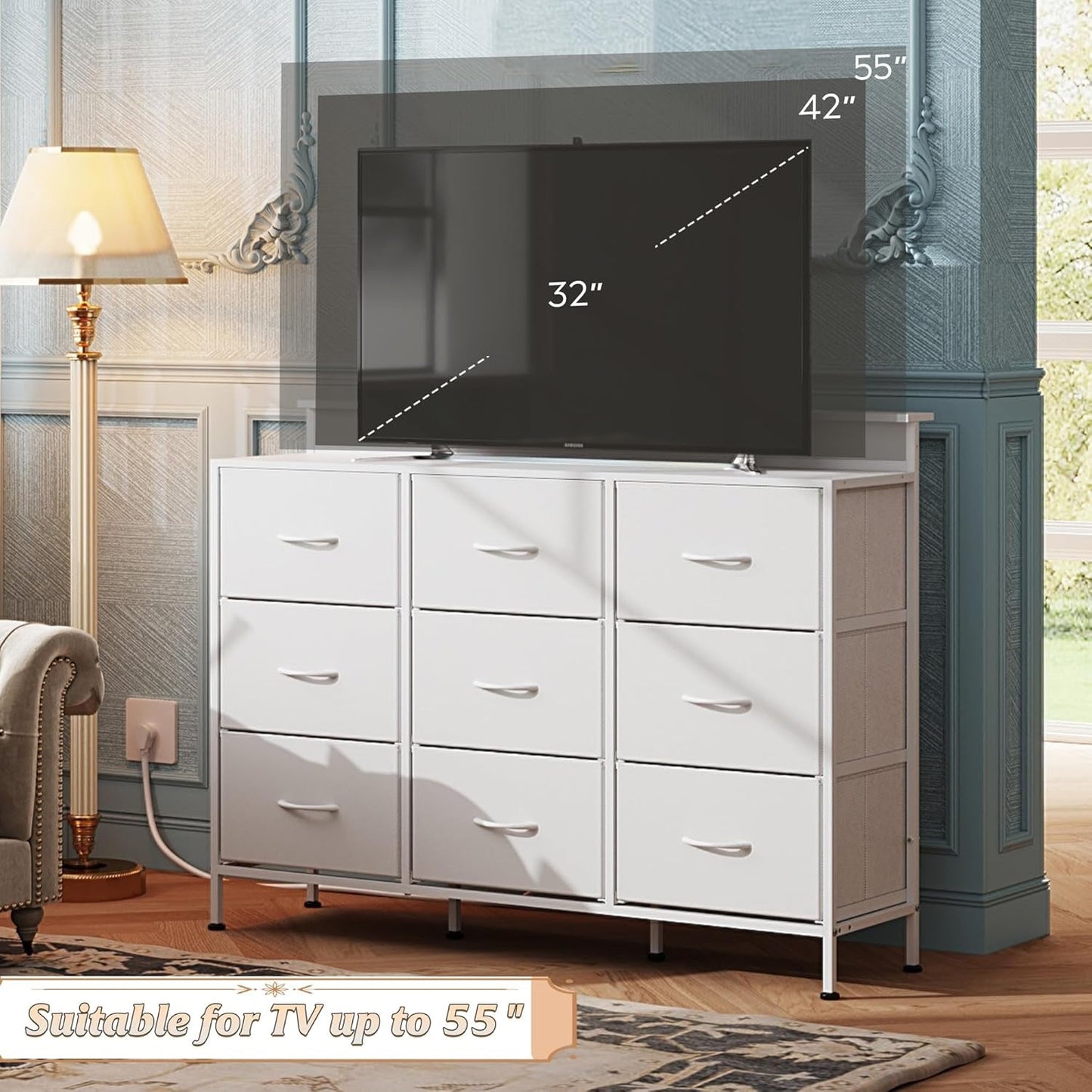 Dresser TV Stand with LED Lights and Charging Station